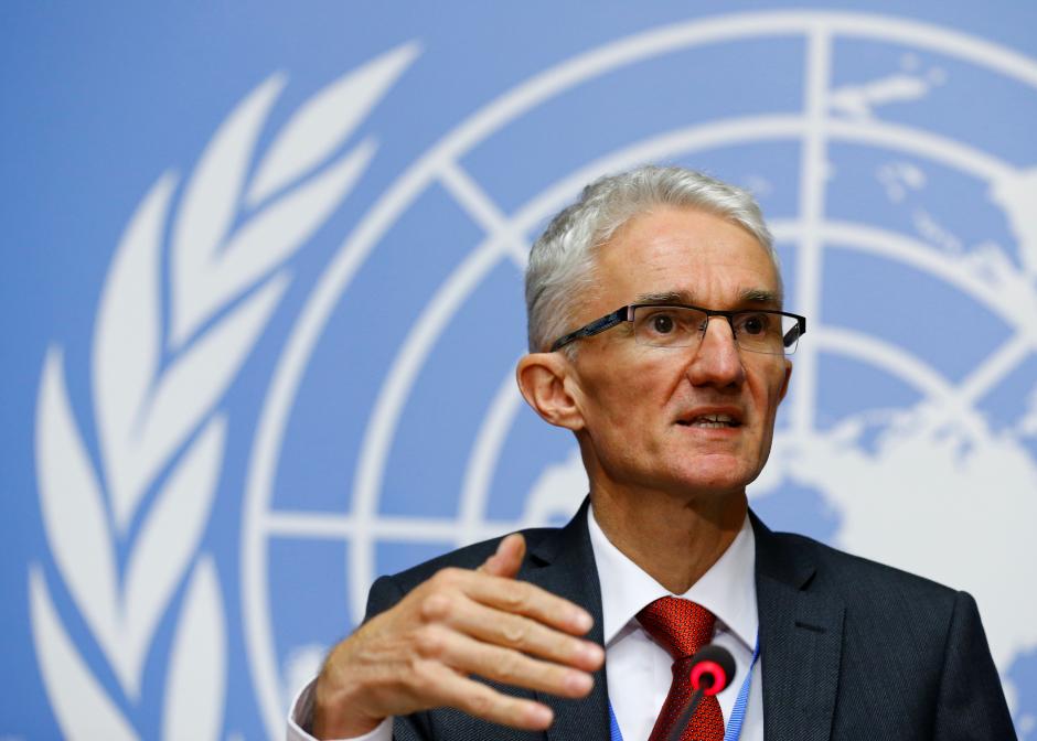Mark Lowcock, Under-Secretary-General for Humanitarian Affairs and Emergency Relief Coordinator, attends a news conference on his visit to Bangladesh for the Rohingya refugee crisis, at the United Nations in Geneva, Switzerland October 6, 2017. REUTERS/Denis Balibouse